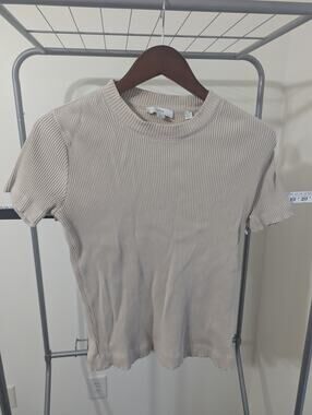 Vince Ribbed Knit Crew Neck Stretch Cotton Short Sleeve Top Beige M